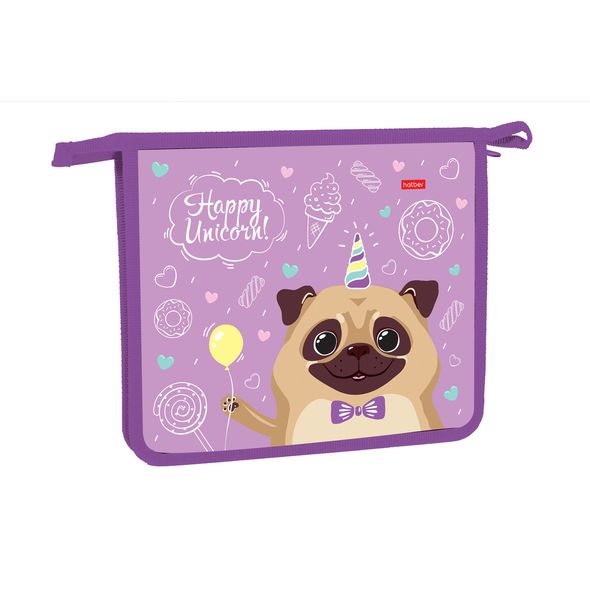 Папка для тетрадей Пластиковая А5ф Hatber 2 отделения на молнии -Happy unicorn-  в индив.упак. , 